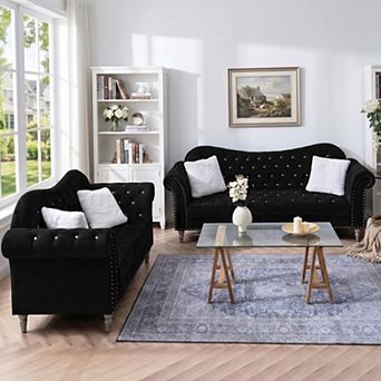 Velvet Loveseat and 3-Seater Sofa Set, Crystal Diamond Tufted Chesterfield