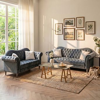 Velvet Loveseat and 3-Seater Sofa Set, Crystal Diamond Tufted Chesterfield