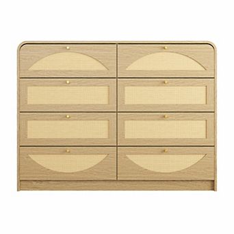 Modern 8-Drawer Rattan Dresser, Safe Rounded Edge Organizer for Bedroom Living Room Entryway Home