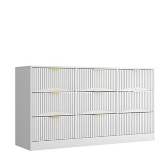 63" Wooden Dresser, with 9 Drawer & Golden Handles & Wavy Panels, Large Storage Chest