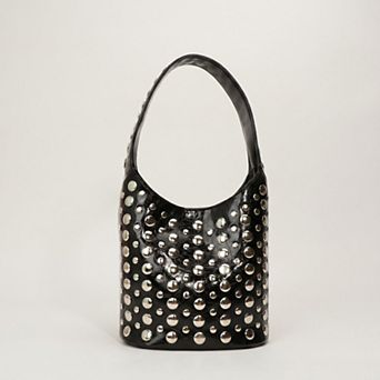 Women's Studded Bucket Shoulder Bag with Glossy Finish Wide Strap Structured Silhouette Handbag