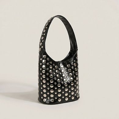 Women's Studded Bucket Shoulder Bag with Glossy Finish Wide Strap Structured Silhouette Handbag