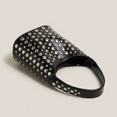 Women's Studded Bucket Shoulder Bag with Glossy Finish Wide Strap Structured Silhouette Handbag