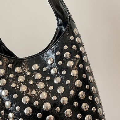 Women's Studded Bucket Shoulder Bag with Glossy Finish Wide Strap Structured Silhouette Handbag