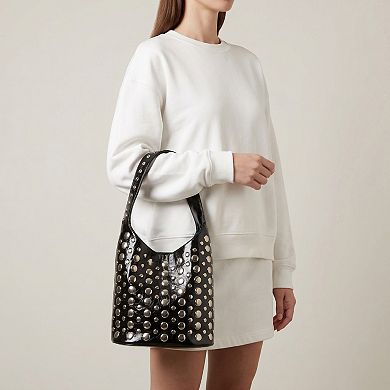 Women's Studded Bucket Shoulder Bag with Glossy Finish Wide Strap Structured Silhouette Handbag