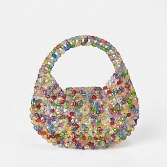 Women's Multicolor Crystal Beaded Handbag with Structured Top Handle Statement Purse