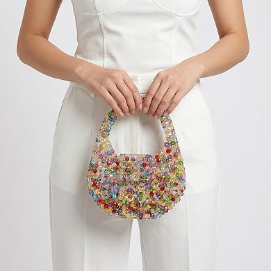 Women's Multicolor Crystal Beaded Handbag with Structured Top Handle Statement Purse