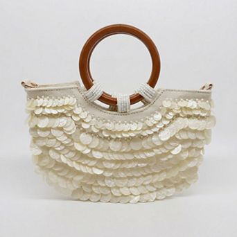 Women's Shell Disc Embellished Top Handle Bag with Beaded Details Round Handle Structured Handbag