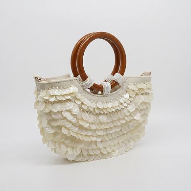 Women's Shell Disc Embellished Top Handle Bag with Beaded Details Round Handle Structured Handbag