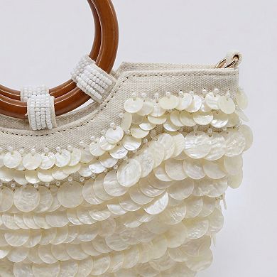 Women's Shell Disc Embellished Top Handle Bag with Beaded Details Round Handle Structured Handbag