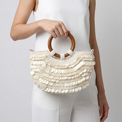 Women's Shell Disc Embellished Top Handle Bag with Beaded Details Round Handle Structured Handbag