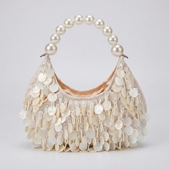 Women's Shell Disc Embellished Shoulder Bag with Faux Pearl Handle Beaded Fringe Handbag