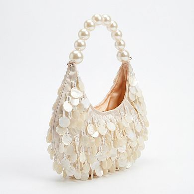 Women's Shell Disc Embellished Shoulder Bag with Faux Pearl Handle Beaded Fringe Handbag