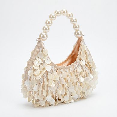 Women's Shell Disc Embellished Shoulder Bag with Faux Pearl Handle Beaded Fringe Handbag