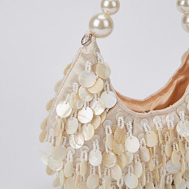 Women's Shell Disc Embellished Shoulder Bag with Faux Pearl Handle Beaded Fringe Handbag