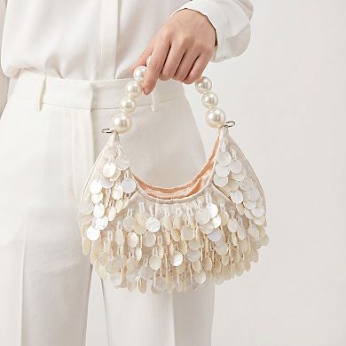 Women's Shell Disc Embellished Shoulder Bag with Faux Pearl Handle Beaded Fringe Handbag