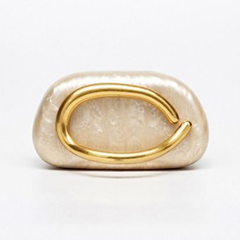 Women's Marbled Acrylic Clutch Bag with Sculptural Gold Tone Handle Statement Evening Handbag