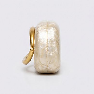 Women's Marbled Acrylic Clutch Bag with Sculptural Gold Tone Handle Statement Evening Handbag