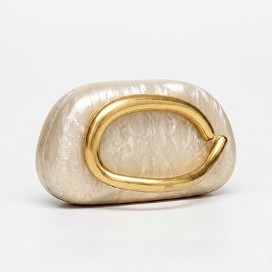 Women's Marbled Acrylic Clutch Bag with Sculptural Gold Tone Handle Statement Evening Handbag