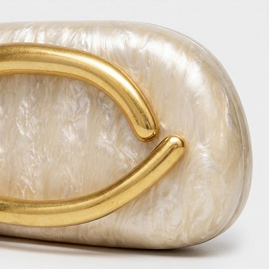 Women's Marbled Acrylic Clutch Bag with Sculptural Gold Tone Handle Statement Evening Handbag