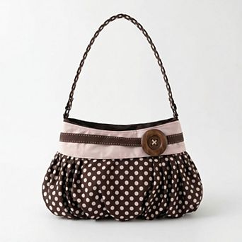 Women's Polka Dot Slouch Shoulder Bag with Oversized Button Accent Pleated Silhouette Retro Handbag