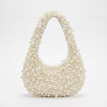 Women's Faux Pearl Embellished Shoulder Bag with Crystal Accents Hand Beaded Crescent Handbag