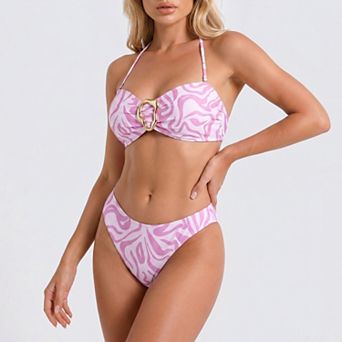 Women's Bandeau Bikini Set with Abstract Print and Center Ring Detail