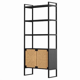 Bookshelf for Living Room - Rattan Storage, Dual-Function Open and Closed Cabinet, Display Organizer