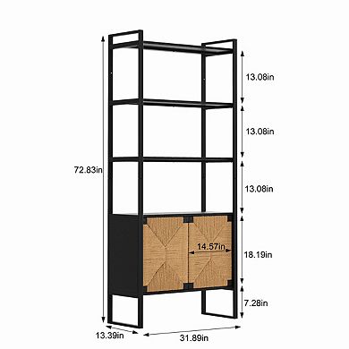 Bookshelf for Living Room - Rattan Storage, Dual-Function Open and Closed Cabinet, Display Organizer