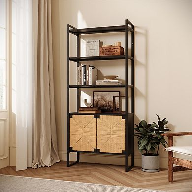 Bookshelf for Living Room - Rattan Storage, Dual-Function Open and Closed Cabinet, Display Organizer