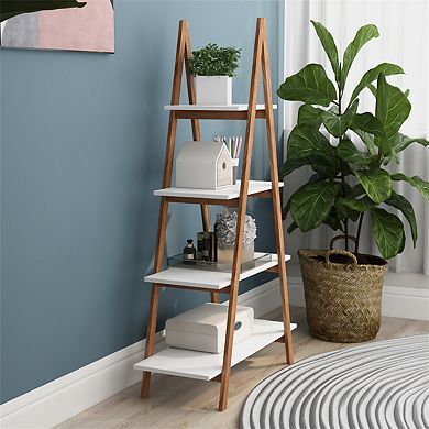 Display Bookshelf-Solid Bamboo Wood Oxford "A" Frame Ladder - 4-Tier Open Shelves, 53.54 Inch Tall