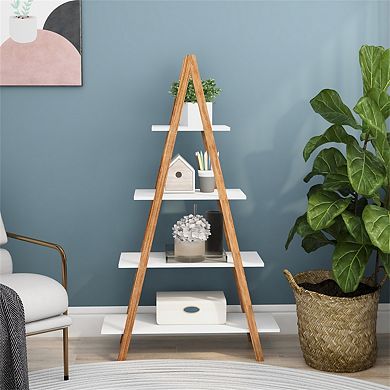 Display Bookshelf-Solid Bamboo Wood Oxford "A" Frame Ladder - 4-Tier Open Shelves, 53.54 Inch Tall