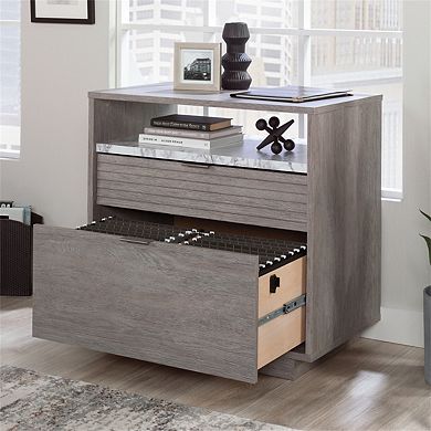 Lateral File Cabinet - Medium Gray, 2 Drawers, Faux Marble Accent, Office Storage, Assembly Required