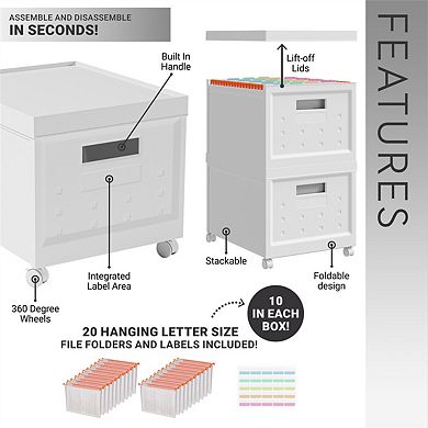 Set of 2 Collapsible Stackable Rolling File Boxes with Lids - Portable Organizer, 10 Hanging Files