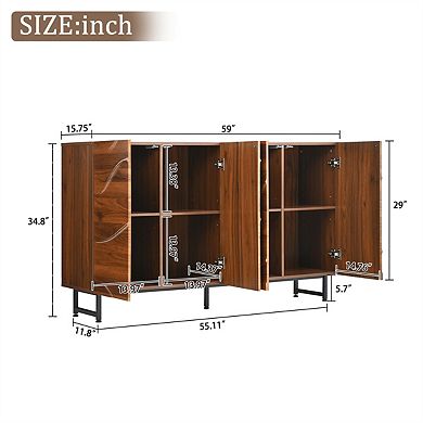 Art Solid Wood Sideboard - Wave Relief Design, Iron Legs, Living Room Storage Cabinet, 59 x 16 x 35"