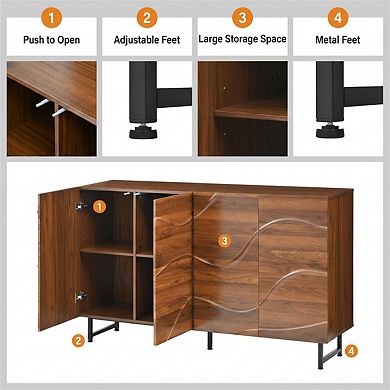Art Solid Wood Sideboard - Wave Relief Design, Iron Legs, Living Room Storage Cabinet, 59 x 16 x 35"