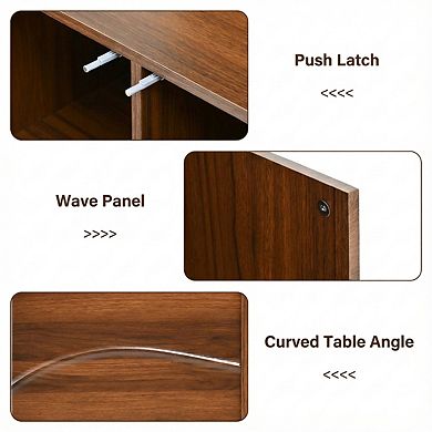 Art Solid Wood Sideboard - Wave Relief Design, Iron Legs, Living Room Storage Cabinet, 59 x 16 x 35"