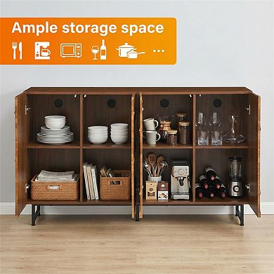Art Solid Wood Sideboard - Wave Relief Design, Iron Legs, Living Room Storage Cabinet, 59 x 16 x 35"