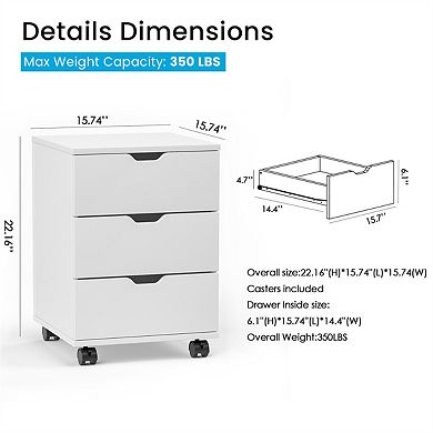 3-Drawer Vertical File Cabinet - Rolling Wood, Casters, Under Desk, Home Office, Fully Assembled