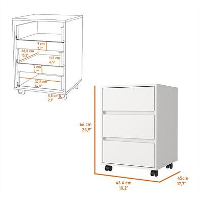3-Drawer Filing Cabinet - Lockable Wheels, Engineered Wood, All-Metal Hardware, White
