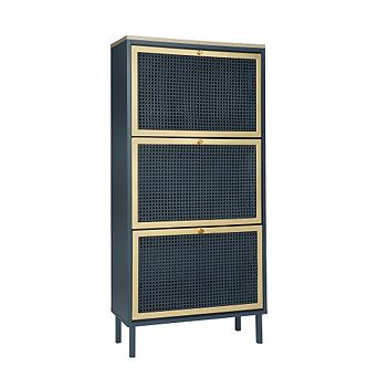 3 Metal Door Shoe Rack-Freestanding Modern Shoe Storage Cabinet with Metal Rattan,Entryway Organizer