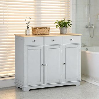 33.5"H Buffet Cabinet with Storage Cabinets and Drawers -Adjustable Shelves,Rubberwood Top,MDF Frame