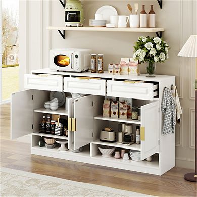 Sideboard with 3 Drawers & 4 Doors -59.1" Storage Buffet with Adjustable Shelf and Open Compartments