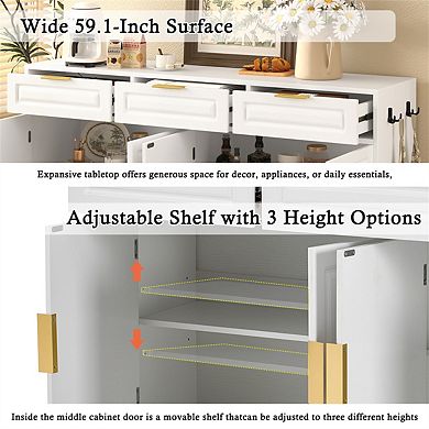 Sideboard with 3 Drawers & 4 Doors -59.1" Storage Buffet with Adjustable Shelf and Open Compartments
