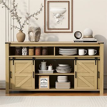 59.3" Sideboard with Sliding Barn Door and Mesh Panels - Buffet with Open Storage for Living Room