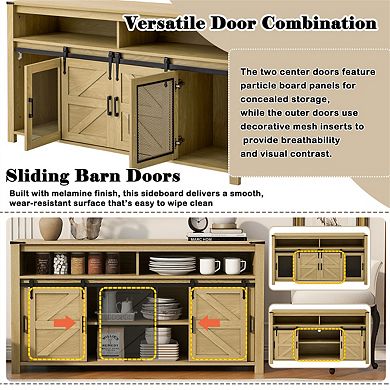 59.3" Sideboard with Sliding Barn Door and Mesh Panels - Buffet with Open Storage for Living Room