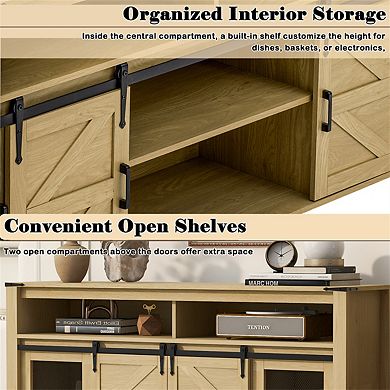 59.3" Sideboard with Sliding Barn Door and Mesh Panels - Buffet with Open Storage for Living Room