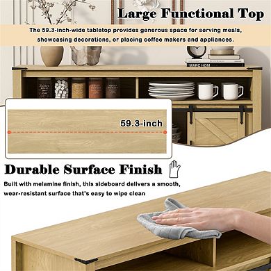 59.3" Sideboard with Sliding Barn Door and Mesh Panels - Buffet with Open Storage for Living Room