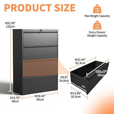 Lateral File Cabinet 4 Drawer with Lock, Lockable Filing Cabinet, Locking Metal Cabinet for A4 Size