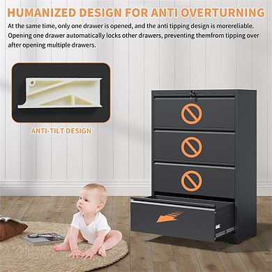 Lateral File Cabinet 4 Drawer with Lock, Lockable Filing Cabinet, Locking Metal Cabinet for A4 Size
